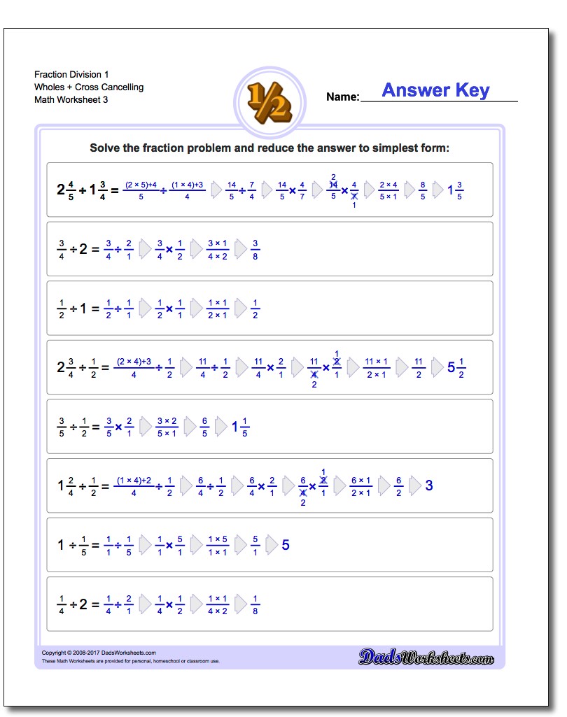 Fraction Worksheet Division Worksheet 1 Wholes + Cross Cancelling