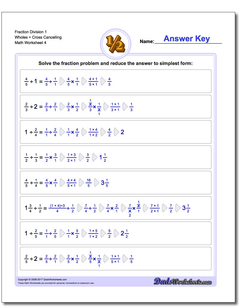 Fraction Worksheet Division Worksheet 1 Wholes + Cross Cancelling