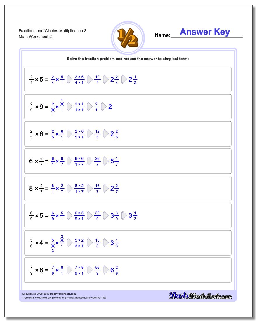 Fraction Worksheets and Wholes Multiplication Worksheet 3 www.dadsworksheets.com/worksheets/fraction-multiplication.html