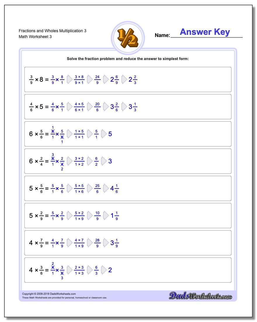 Fraction Worksheets and Wholes Multiplication Worksheet 3