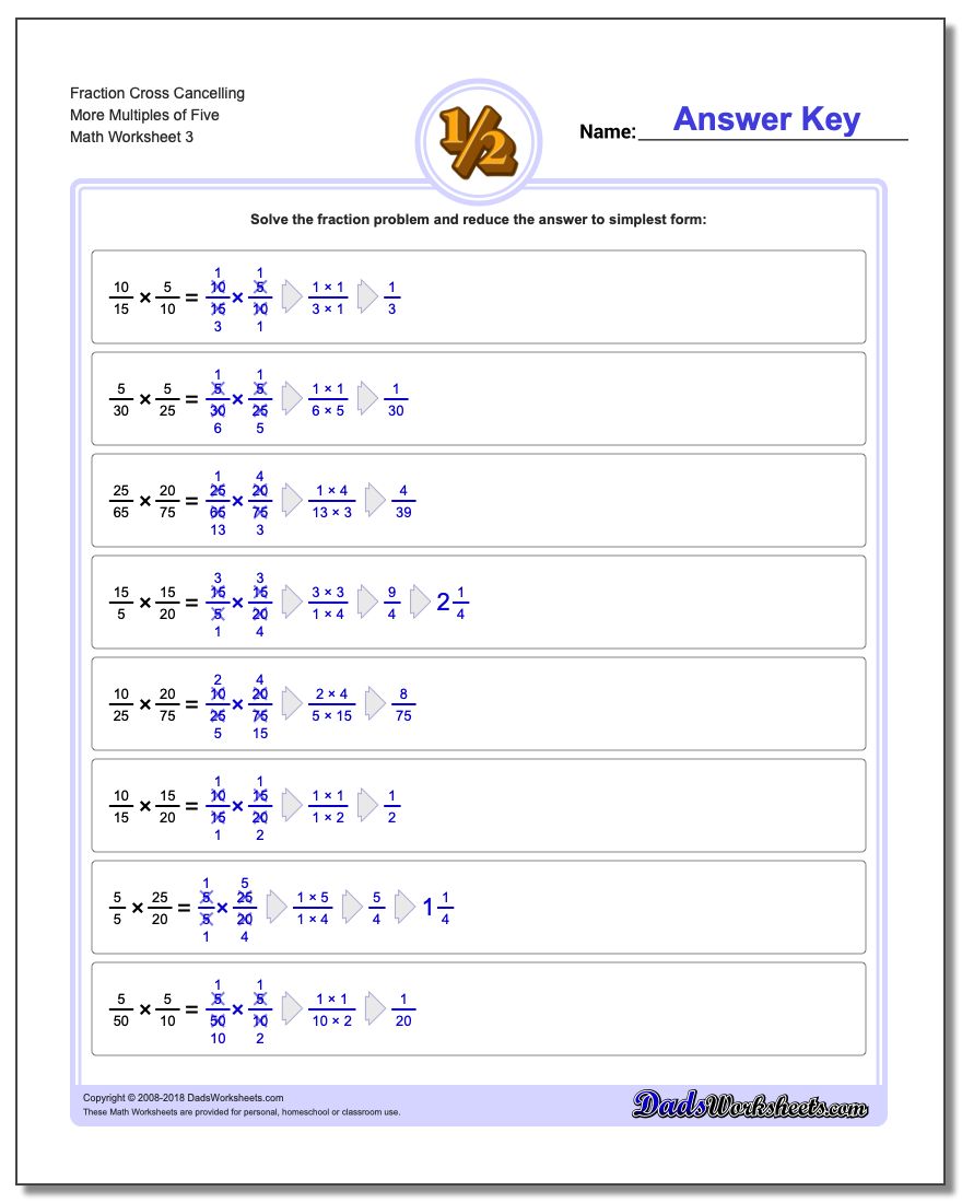 Fraction Worksheet Cross Cancelling More Multiples of Five