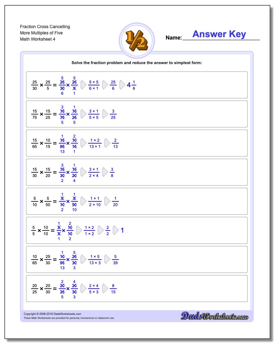 Fraction Worksheet Cross Cancelling More Multiples of Five