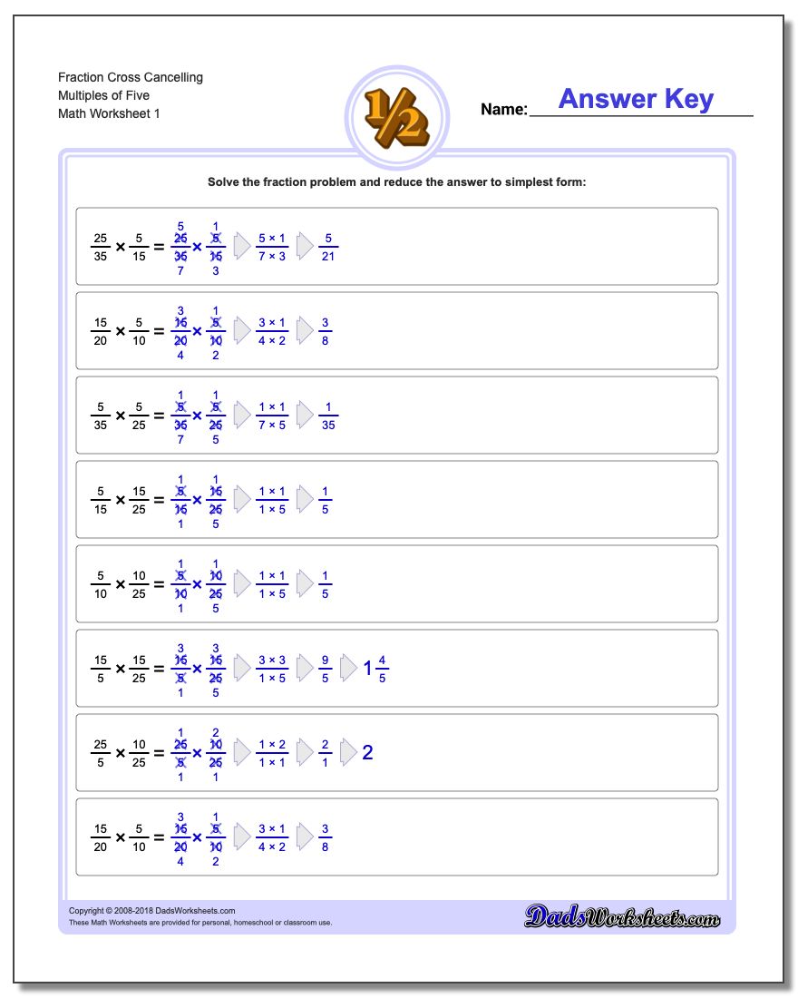 Fraction Worksheet Cross Cancelling Multiples of Five #Fraction #Worksheet #Multiplication #Worksheet