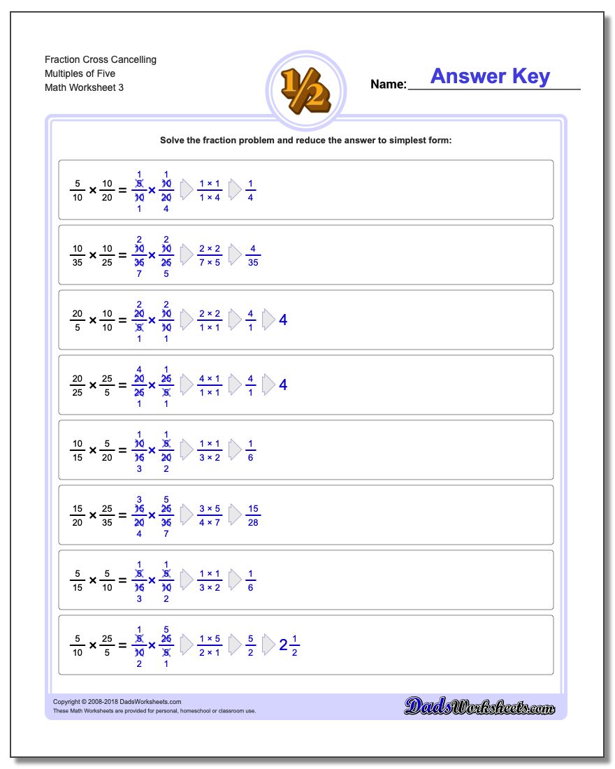 Fraction Worksheet Cross Cancelling Multiples of Five