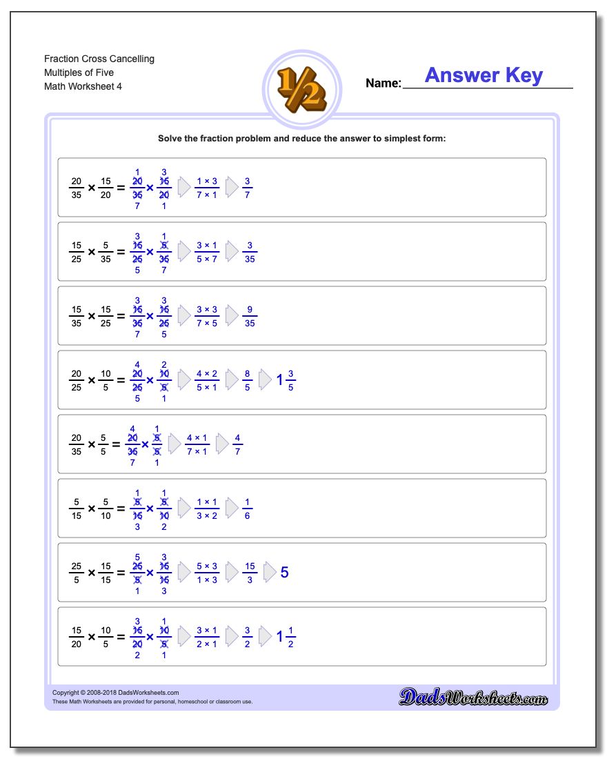 Fraction Worksheet Cross Cancelling Multiples of Five