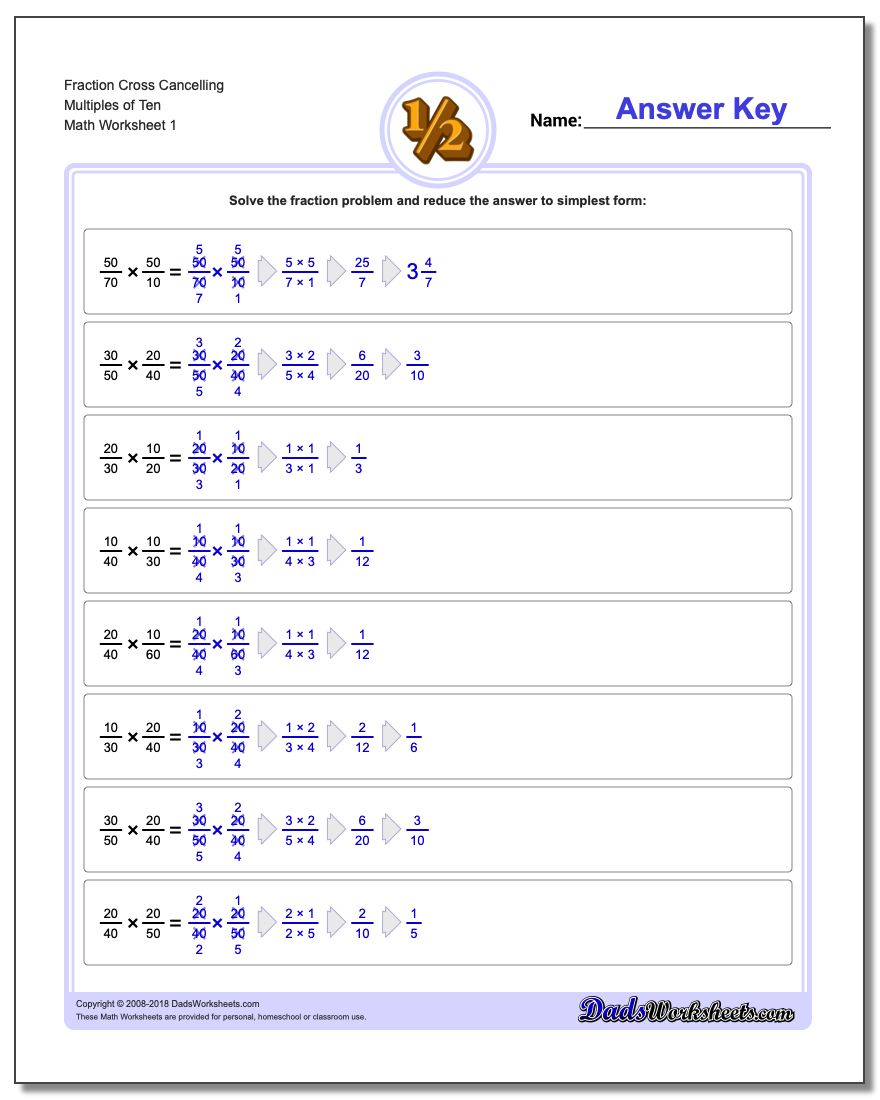 Fraction Worksheet Cross Cancelling Multiples of Ten Multiplying Fractions