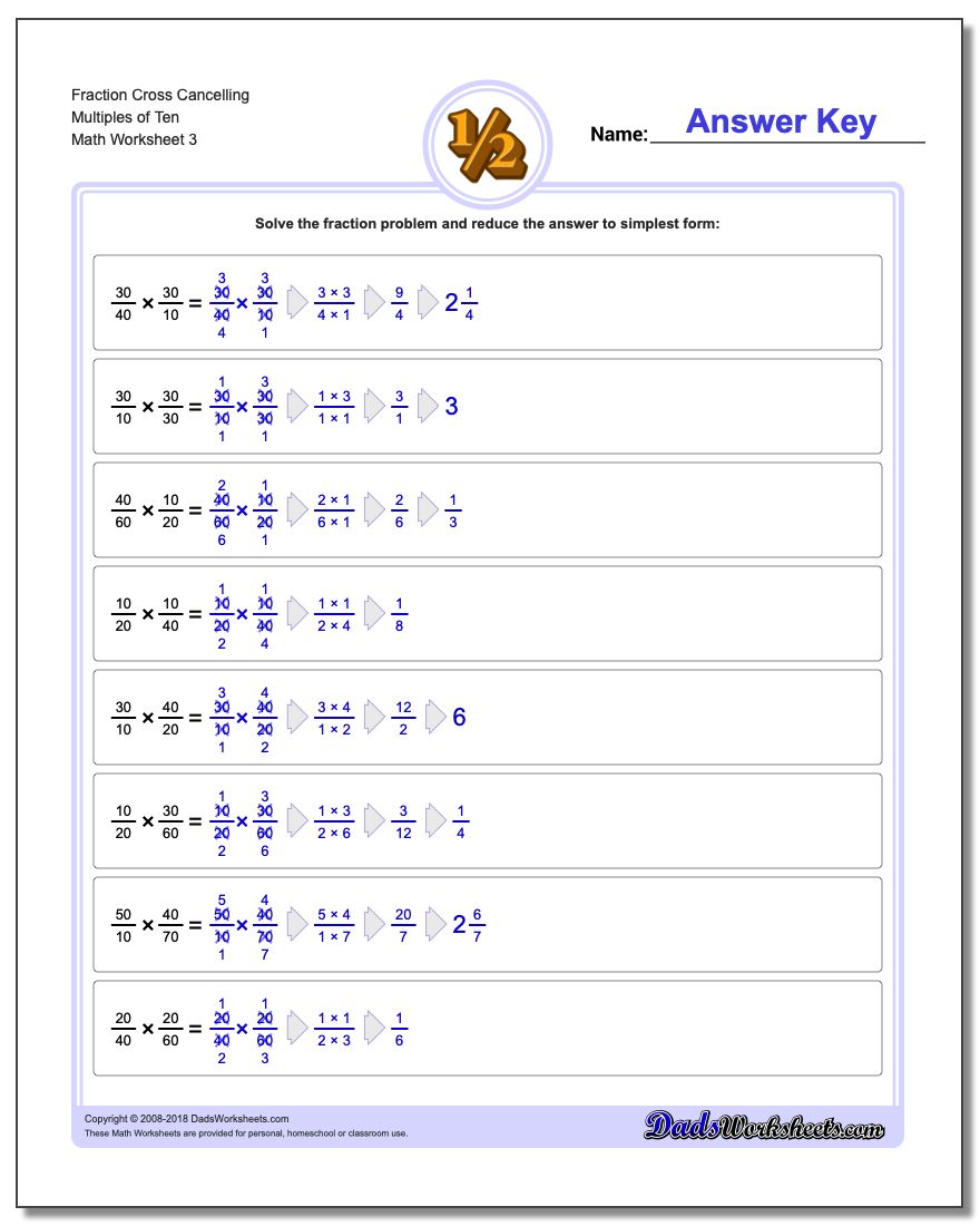 Fraction Worksheet Cross Cancelling Multiples of Ten