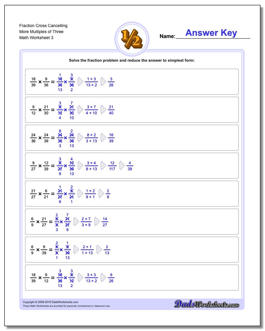 Fraction Worksheet Cross Cancelling More Multiples of Three
