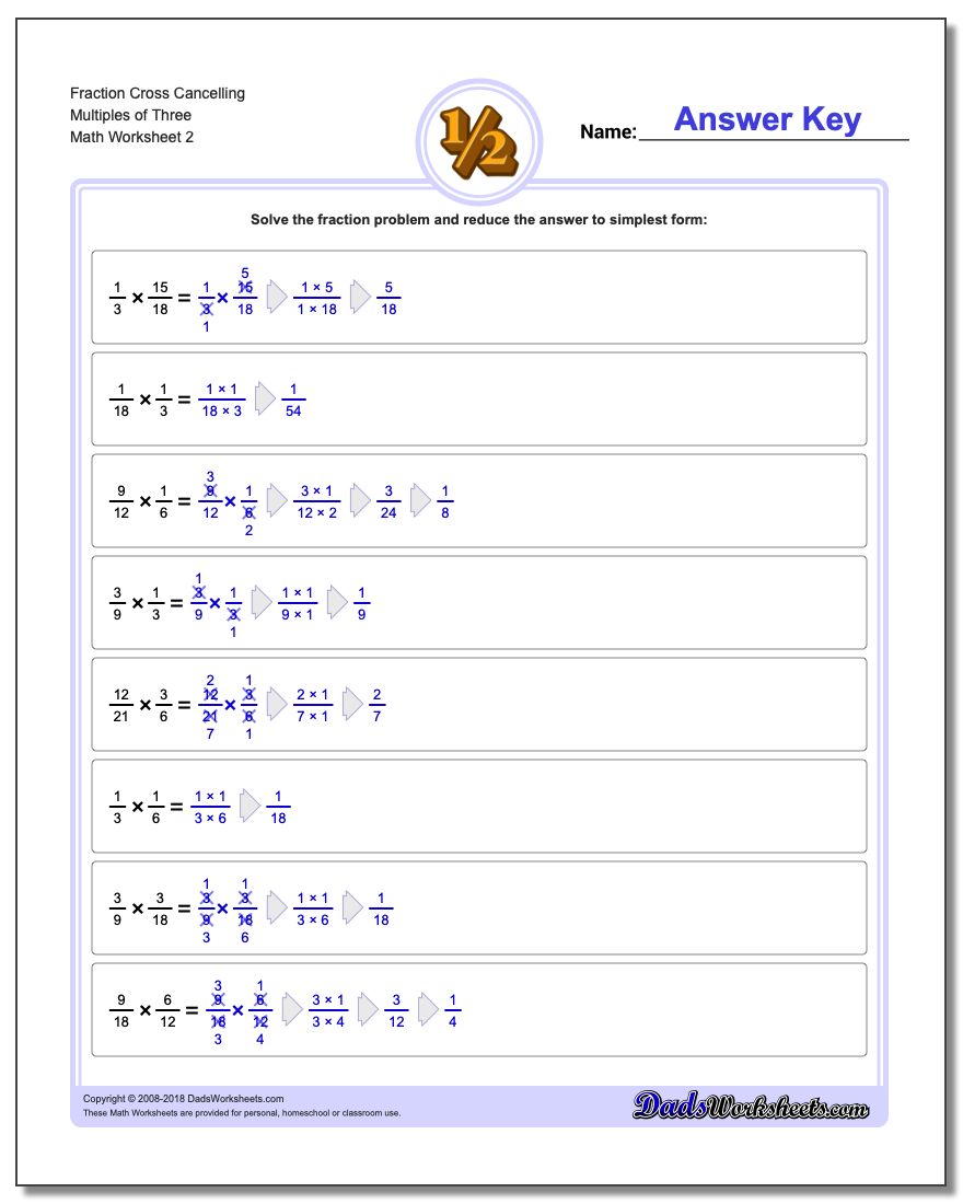 Fraction Worksheet Cross Cancelling Multiples of Three #Fraction #Worksheet #Multiplication #Worksheet