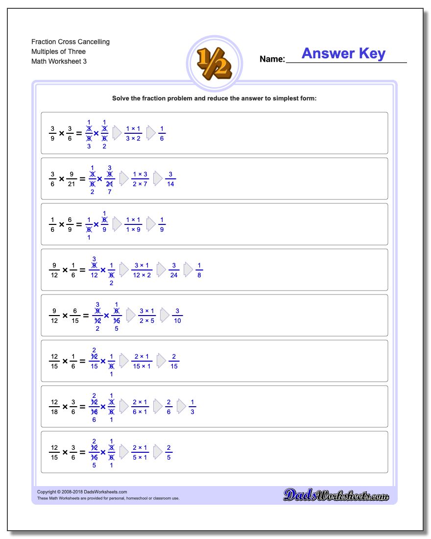 Fraction Worksheet Cross Cancelling Multiples of Three #Fraction #Worksheet #Multiplication #Worksheet