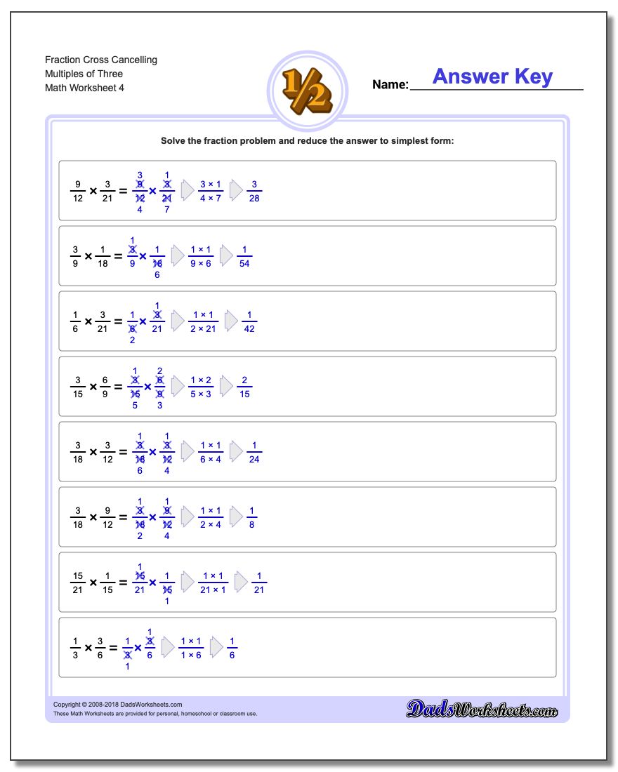 Fraction Worksheet Cross Cancelling Multiples of Three