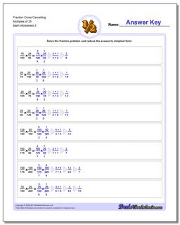 Fraction Worksheet Cross Cancelling Multiples of 25