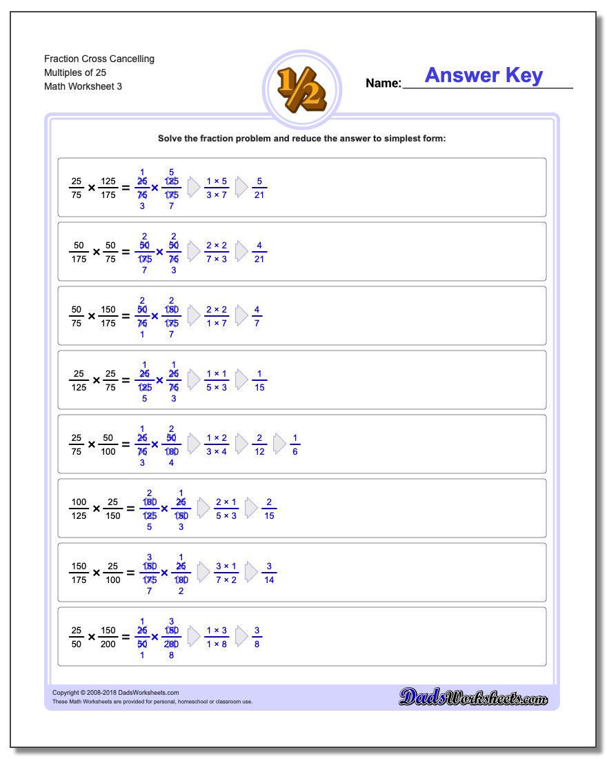 Fraction Worksheet Cross Cancelling Multiples of 25 #Fraction #Worksheet #Multiplication #Worksheet