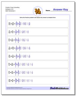 Fraction Worksheet Cross Cancelling Multiples of 25
