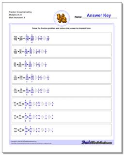 Fraction Worksheet Cross Cancelling Multiples of 25