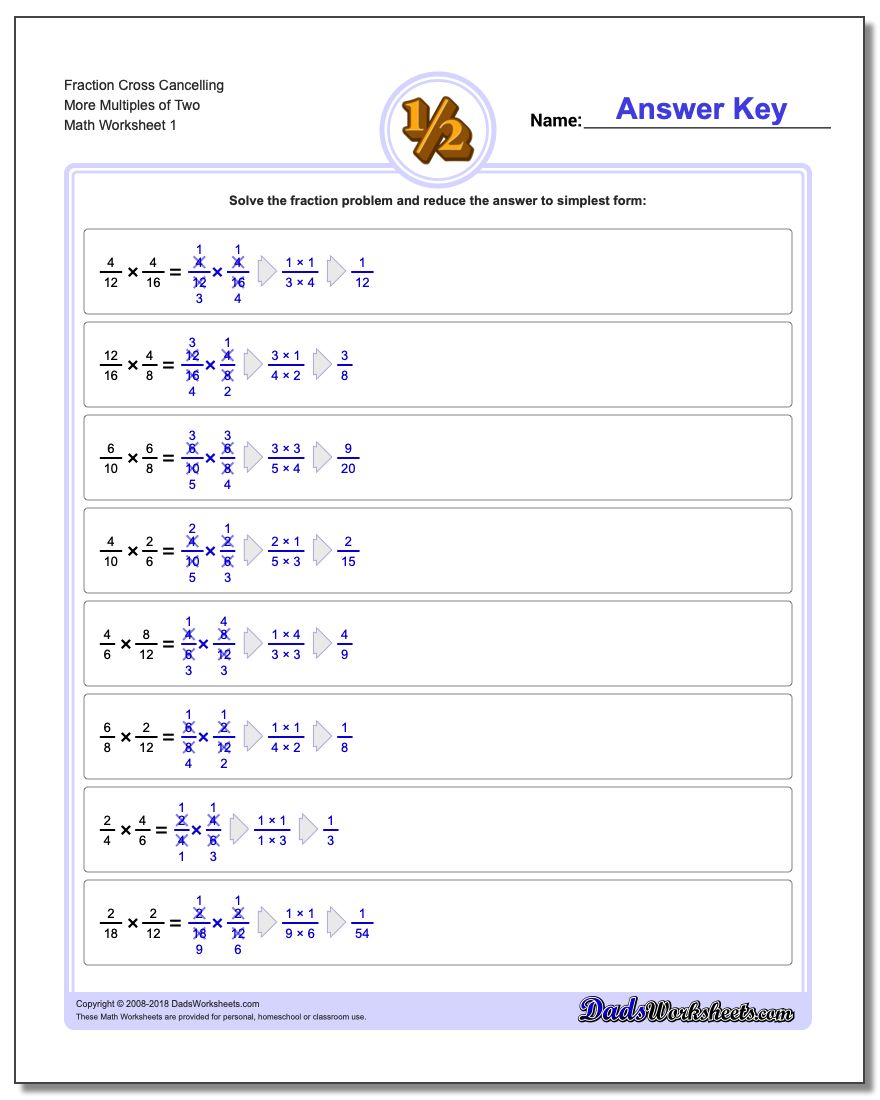 Fraction Worksheet Cross Cancelling More Multiples of Two Multiplying Fractions