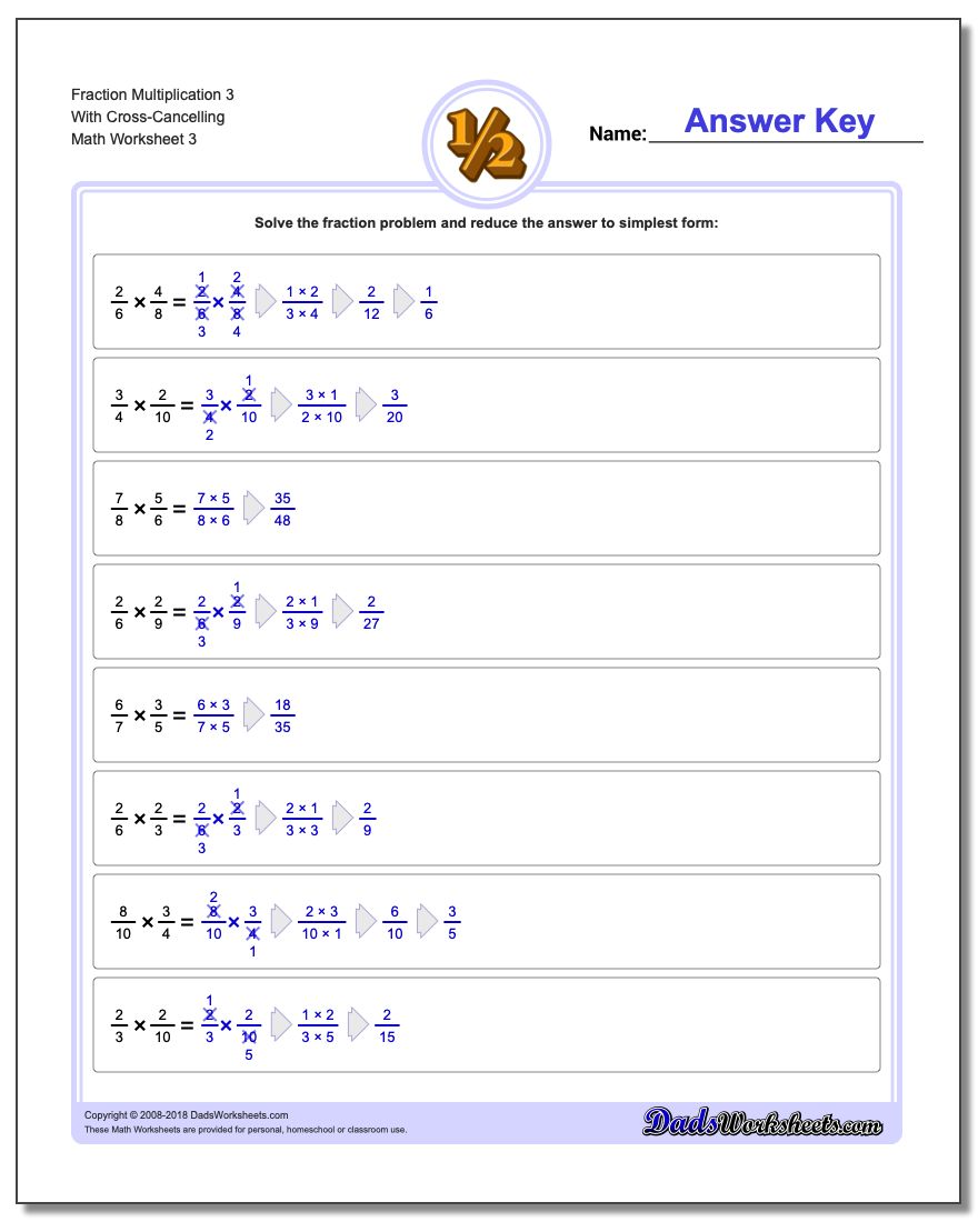 Fraction Worksheet Multiplication Worksheet 3 With Cross-Cancelling