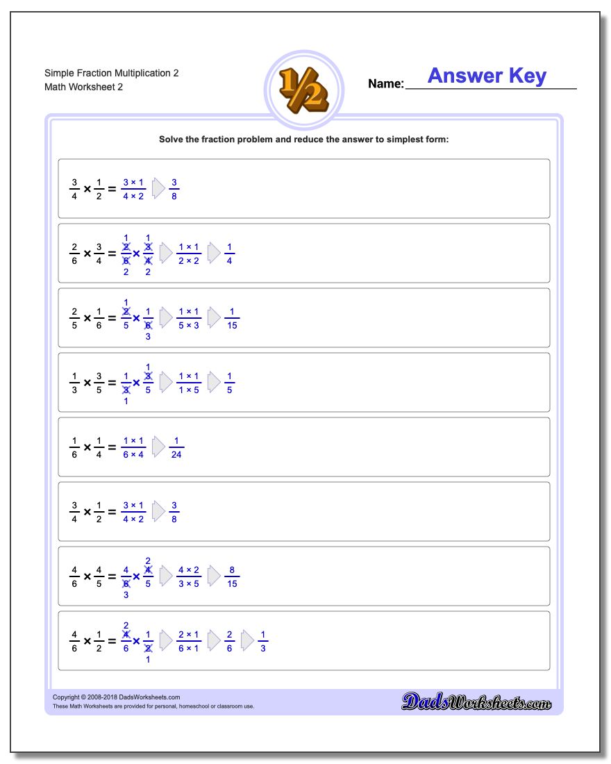 Simple Fraction Worksheet Multiplication Worksheet 2 www.dadsworksheets.com/worksheets/fraction-multiplication.html