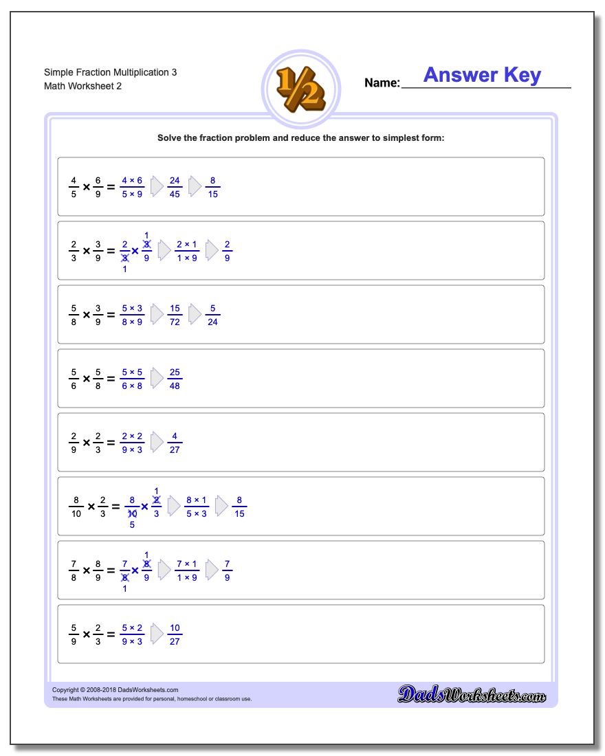 Simple Fraction Worksheet Multiplication Worksheet 3 www.dadsworksheets.com/worksheets/fraction-multiplication.html