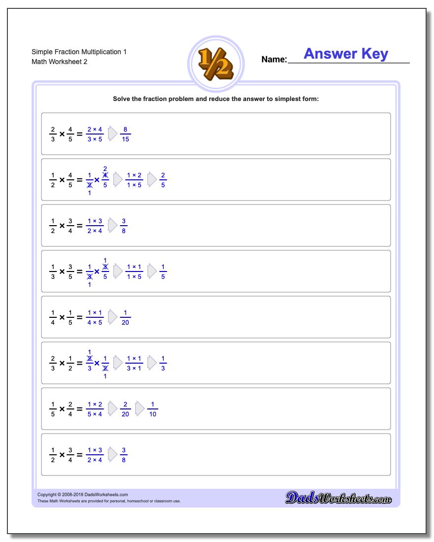 Simple Fraction Worksheet Multiplication Worksheet 1 www.dadsworksheets.com/worksheets/fraction-multiplication.html