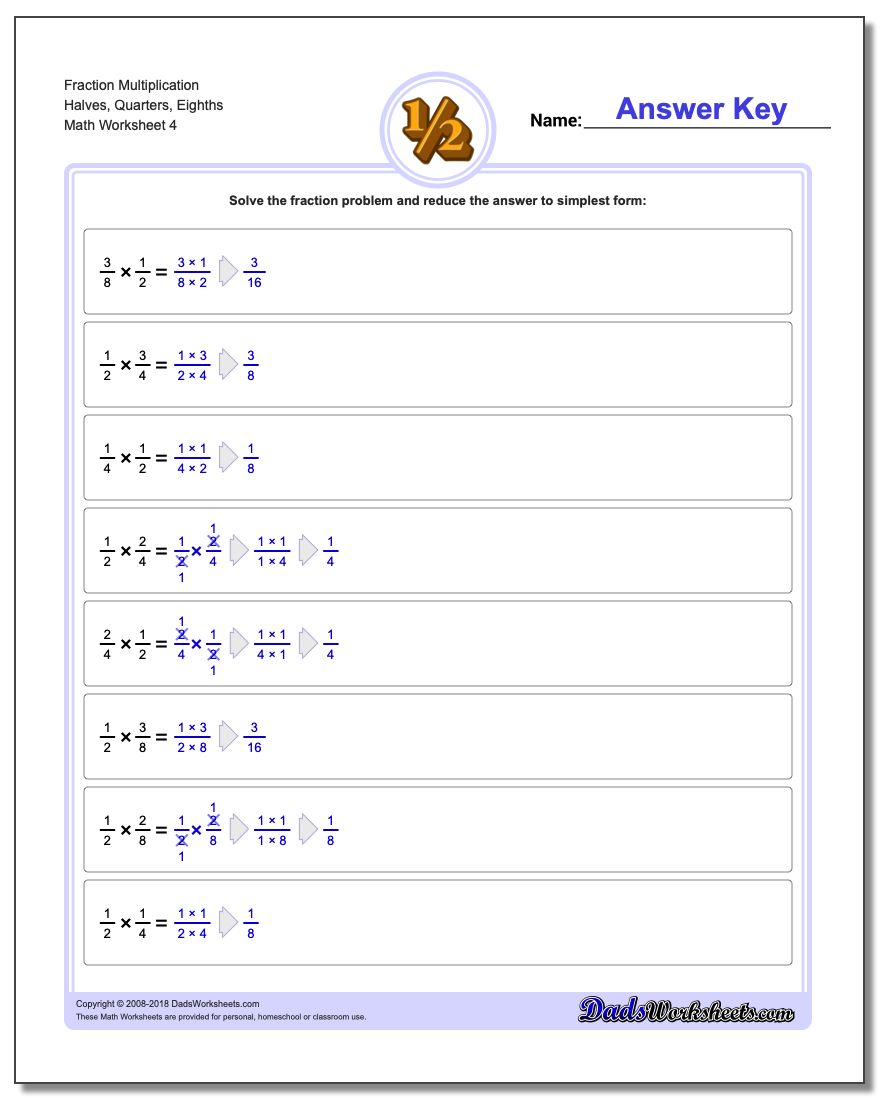 Fraction Worksheet Multiplication Worksheet Halves, Quarters, Eighths