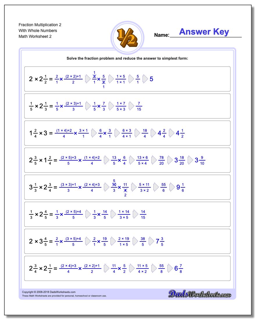 Fraction Worksheet Multiplication Worksheet 2 With Whole Numbers www.dadsworksheets.com/worksheets/fraction-multiplication.html