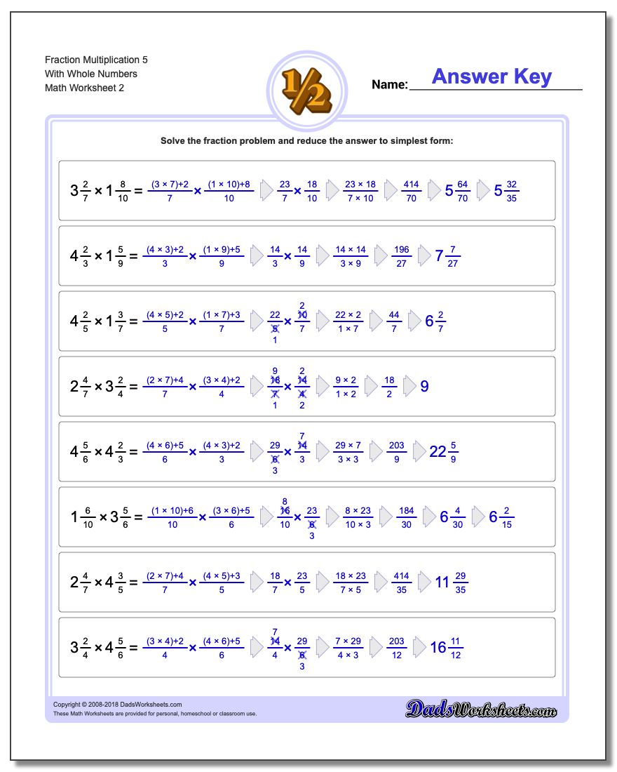 Fraction Worksheet Multiplication Worksheet 5 With Whole Numbers www.dadsworksheets.com/worksheets/fraction-multiplication.html