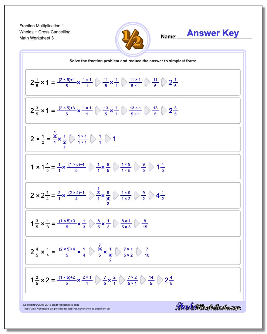Fraction Worksheet Multiplication Worksheet 1 Wholes + Cross Cancelling