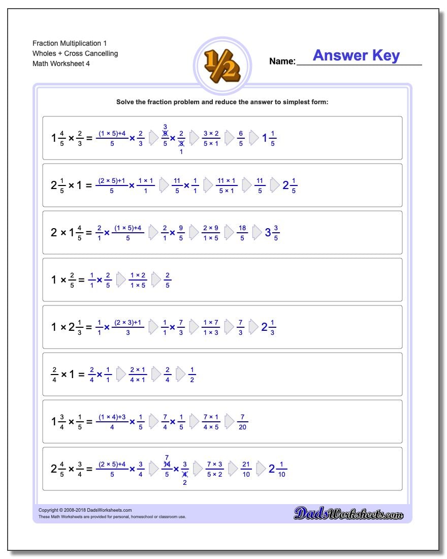 Fraction Worksheet Multiplication Worksheet 1 Wholes + Cross Cancelling