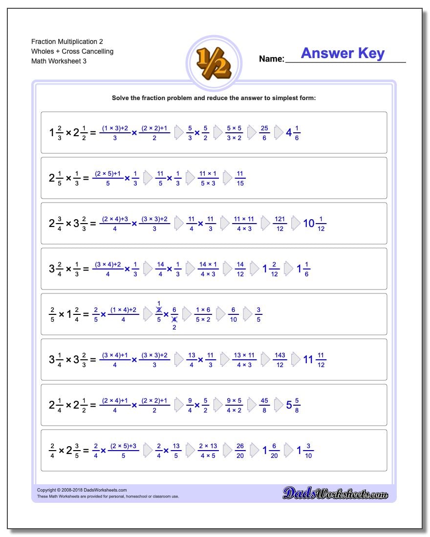 Fraction Worksheet Multiplication Worksheet 2 Wholes + Cross Cancelling
