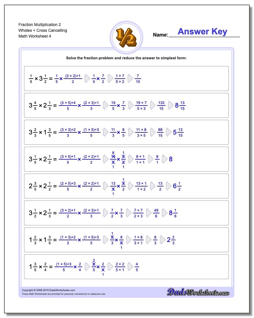 Fraction Worksheet Multiplication Worksheet 2 Wholes + Cross Cancelling