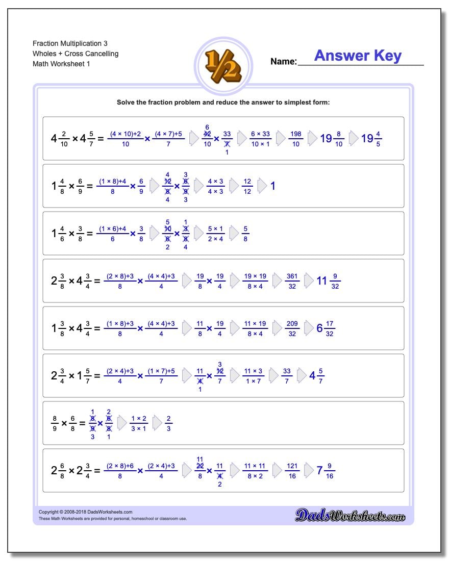 Fraction Worksheet Multiplication Worksheet 3 Wholes + Cross Cancelling Multiplying Fractions