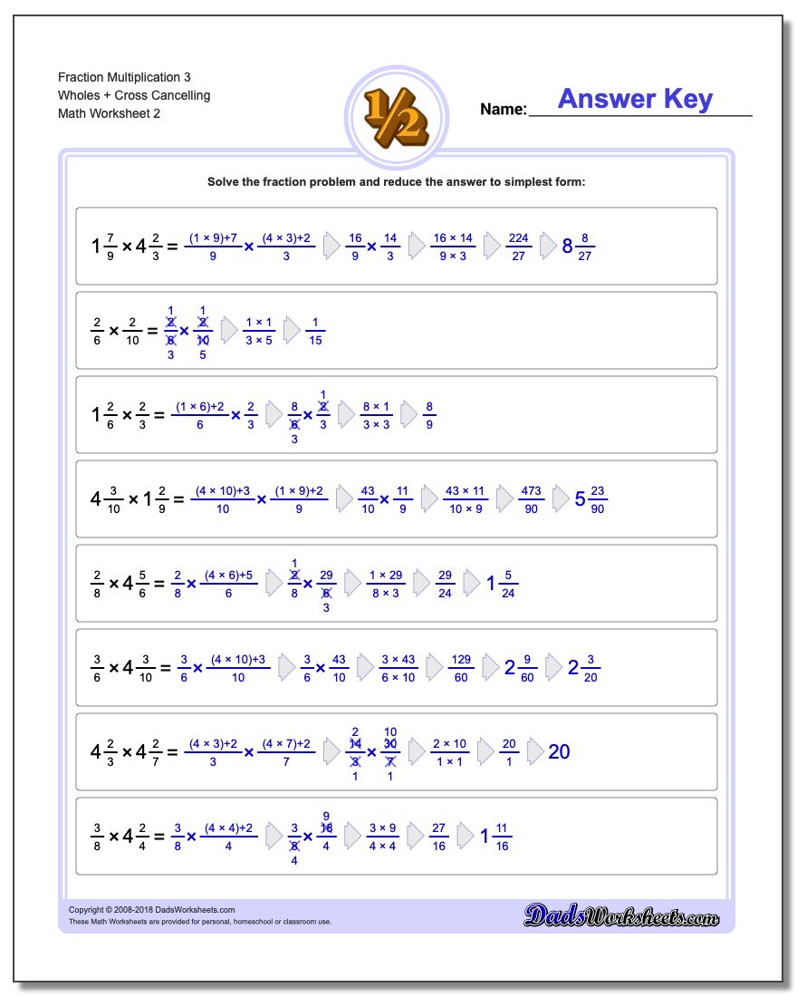 Fraction Worksheet Multiplication Worksheet 3 Wholes + Cross Cancelling www.dadsworksheets.com/worksheets/fraction-multiplication.html