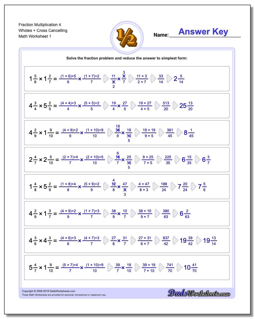 Fraction Worksheet Multiplication Worksheet 4 Wholes + Cross Cancelling Multiplying Fractions