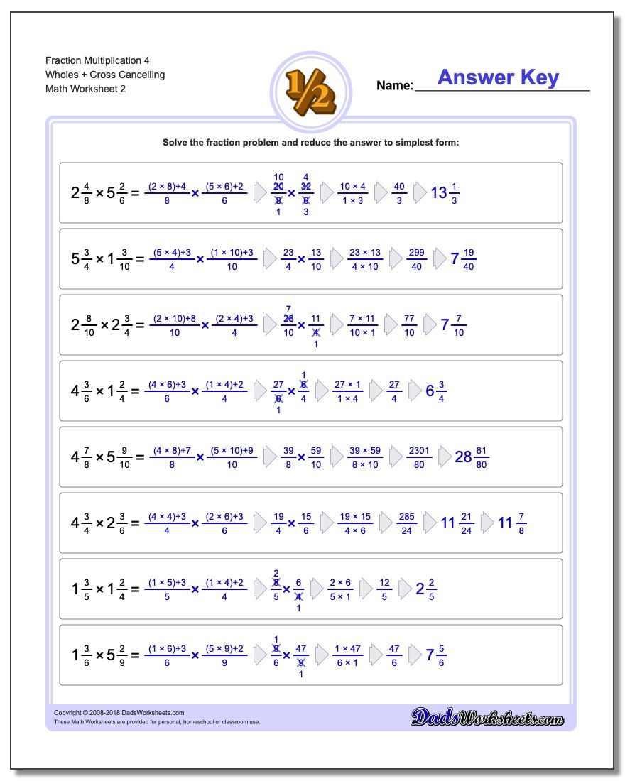 Fraction Worksheet Multiplication Worksheet 4 Wholes + Cross Cancelling www.dadsworksheets.com/worksheets/fraction-multiplication.html