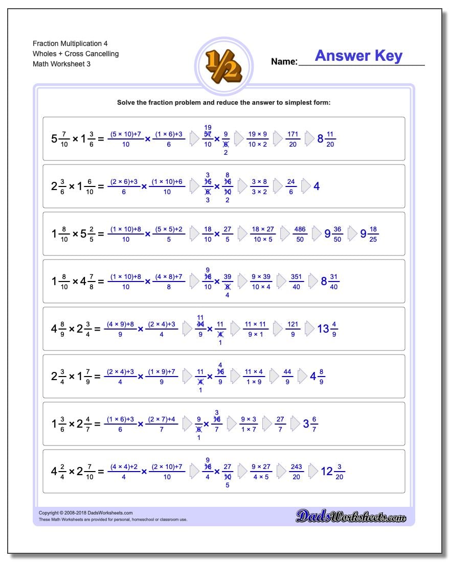 Fraction Worksheet Multiplication Worksheet 4 Wholes + Cross Cancelling