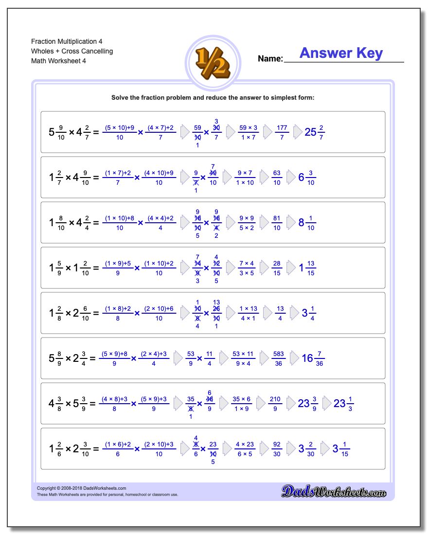 Fraction Worksheet Multiplication Worksheet 4 Wholes + Cross Cancelling