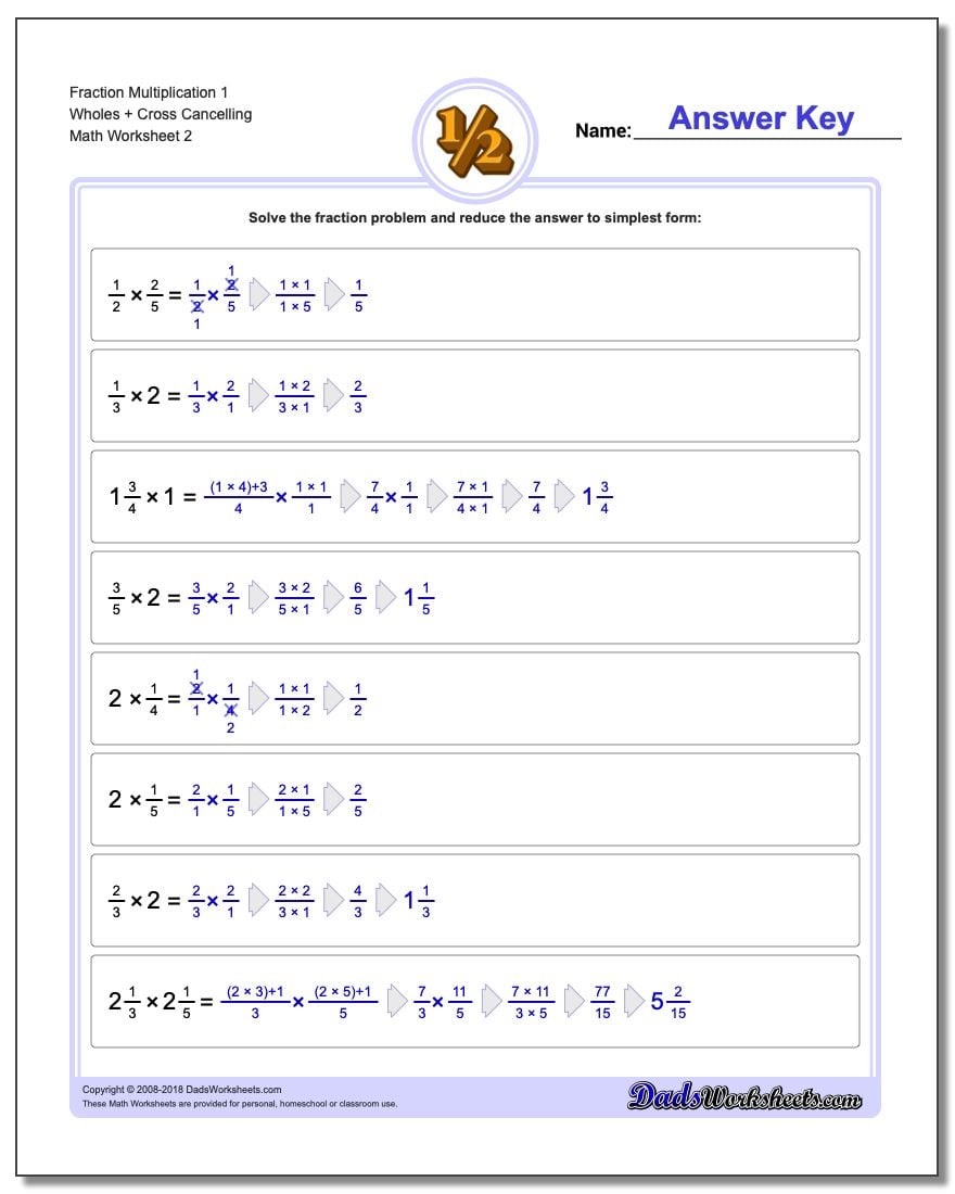 Fraction Worksheet Multiplication Worksheet 1 Wholes + Cross Cancelling www.dadsworksheets.com/worksheets/fraction-multiplication.html