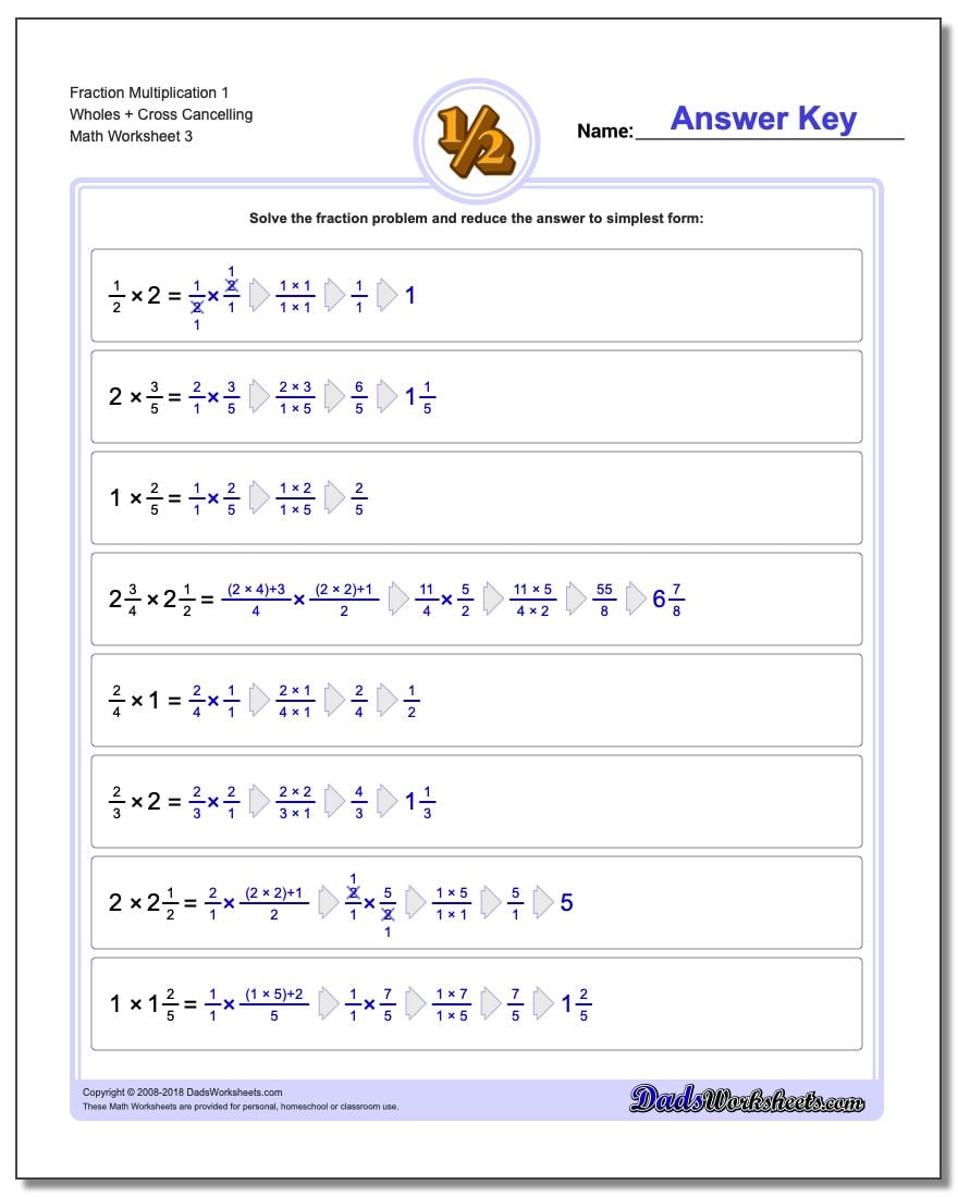Fraction Worksheet Multiplication Worksheet 1 Wholes + Cross Cancelling