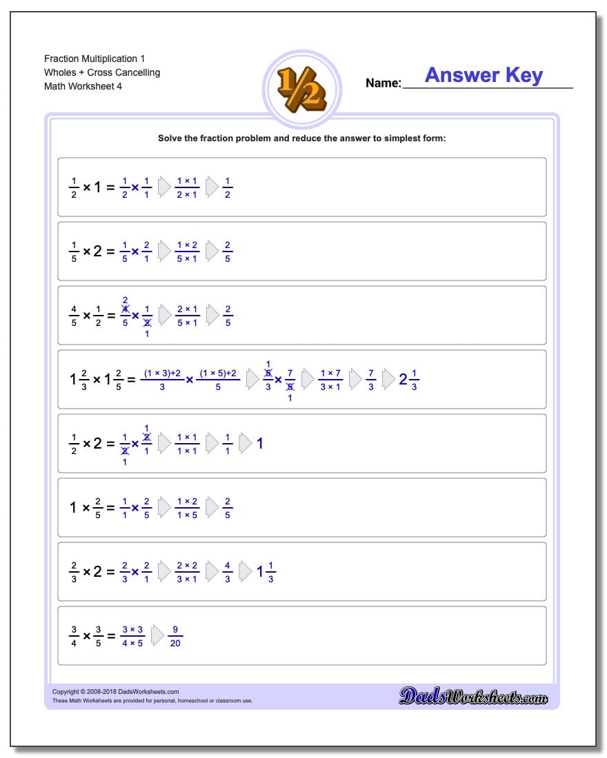 Fraction Worksheet Multiplication Worksheet 1 Wholes + Cross Cancelling