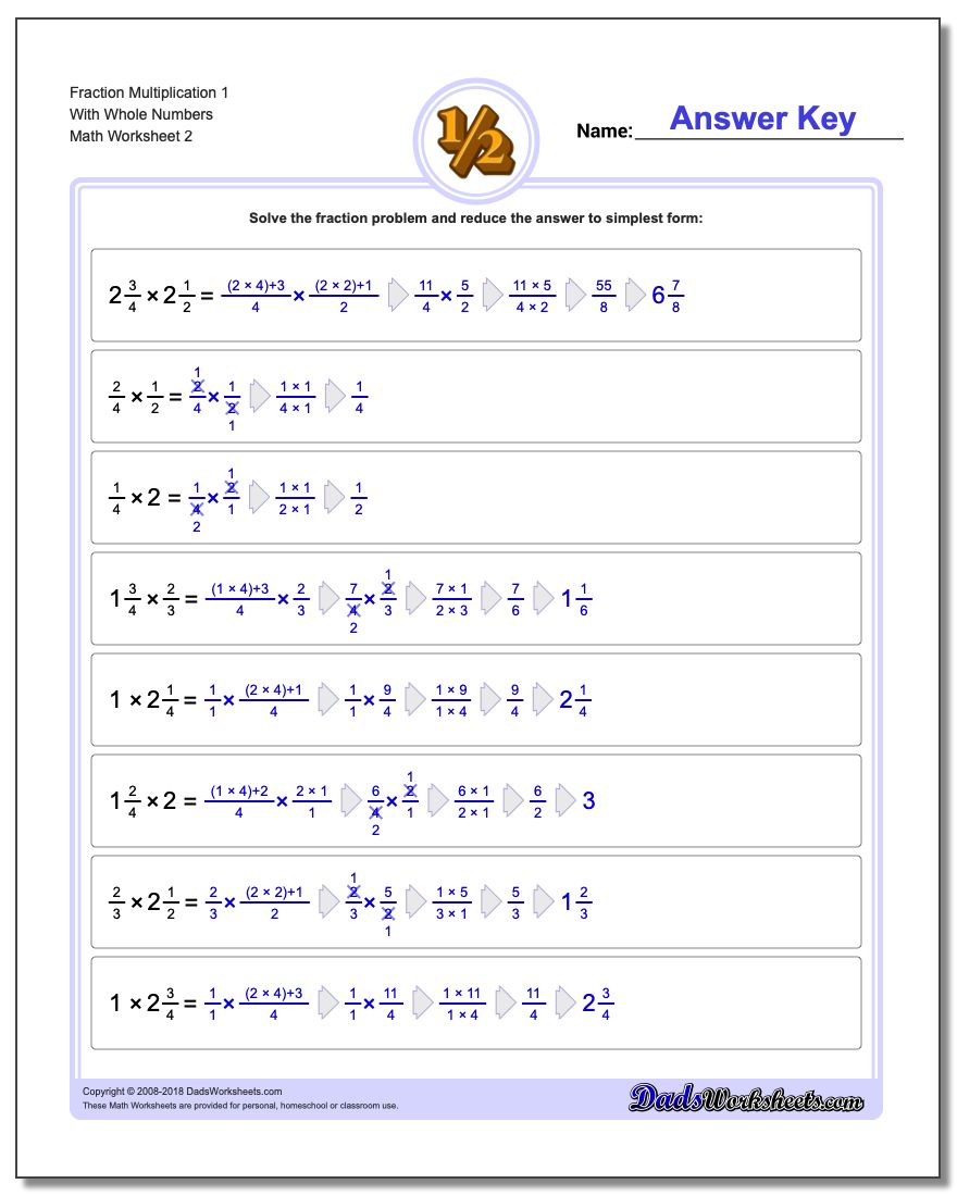 Fraction Worksheet Multiplication Worksheet 1 With Whole Numbers www.dadsworksheets.com/worksheets/fraction-multiplication.html
