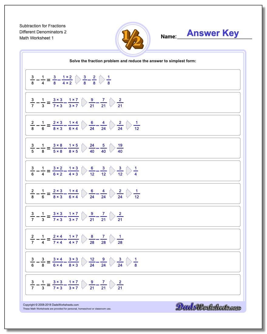 Subtracting Fraction Worksheets Subtraction Worksheet for Different Denominators 2