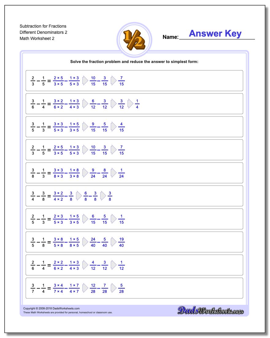 Subtraction Worksheet for Fraction Worksheets Different Denominators 2 www.dadsworksheets.com/worksheets/fraction-subtraction.html