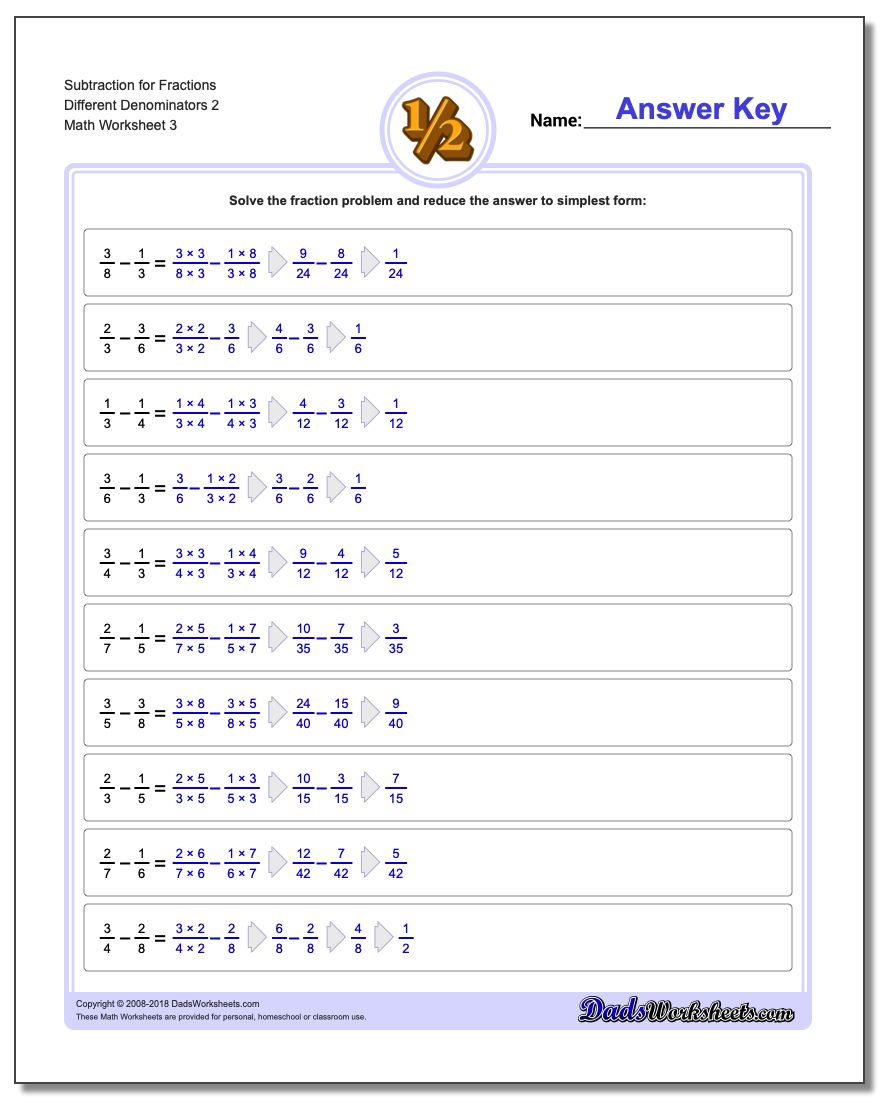 Subtraction Worksheet for Fraction Worksheets Different Denominators 2