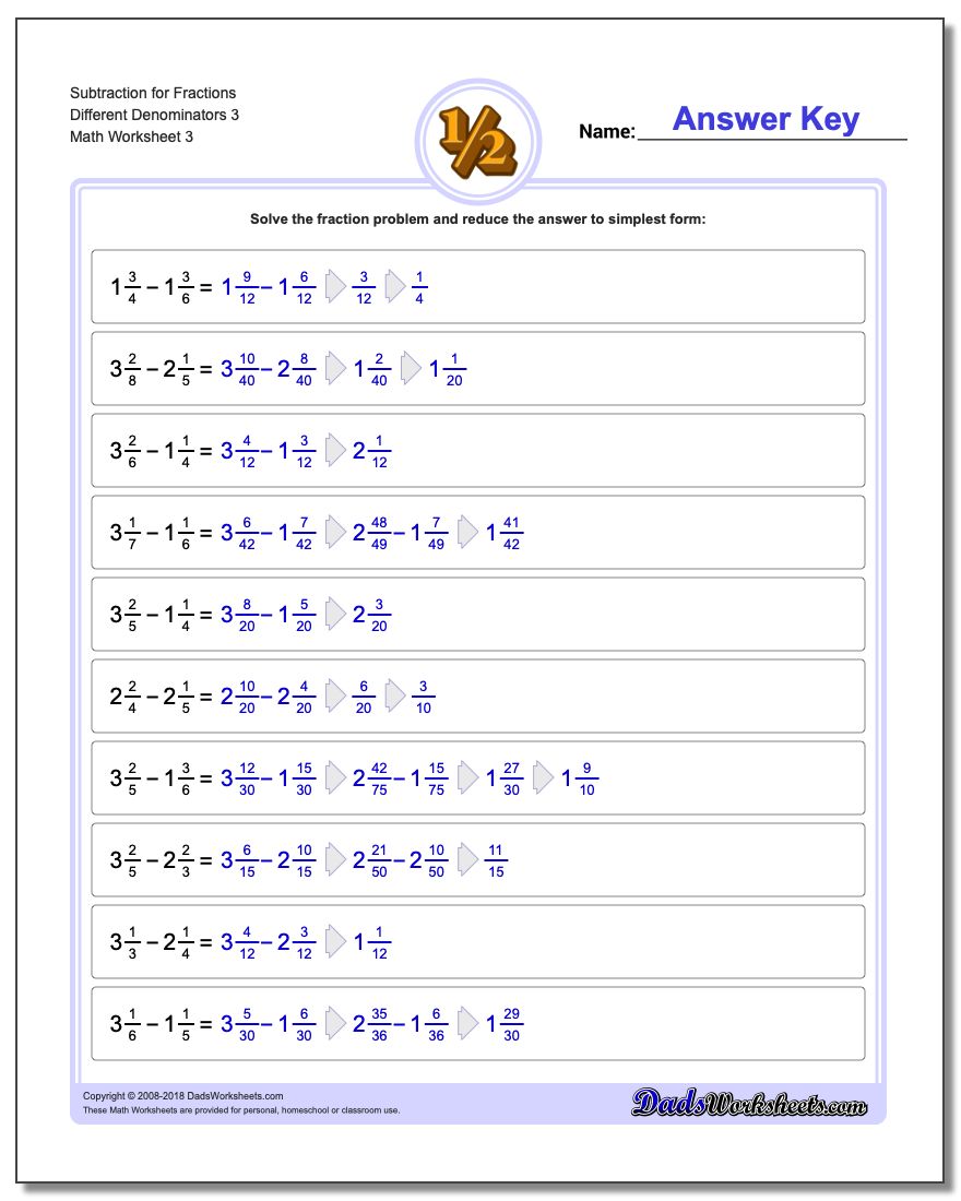 Subtraction Worksheet for Fraction Worksheets Different Denominators 3