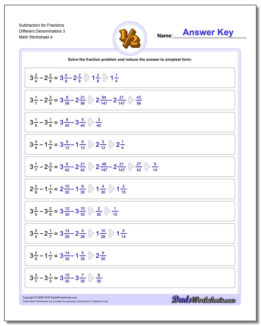 Subtraction Worksheet for Fraction Worksheets Different Denominators 3