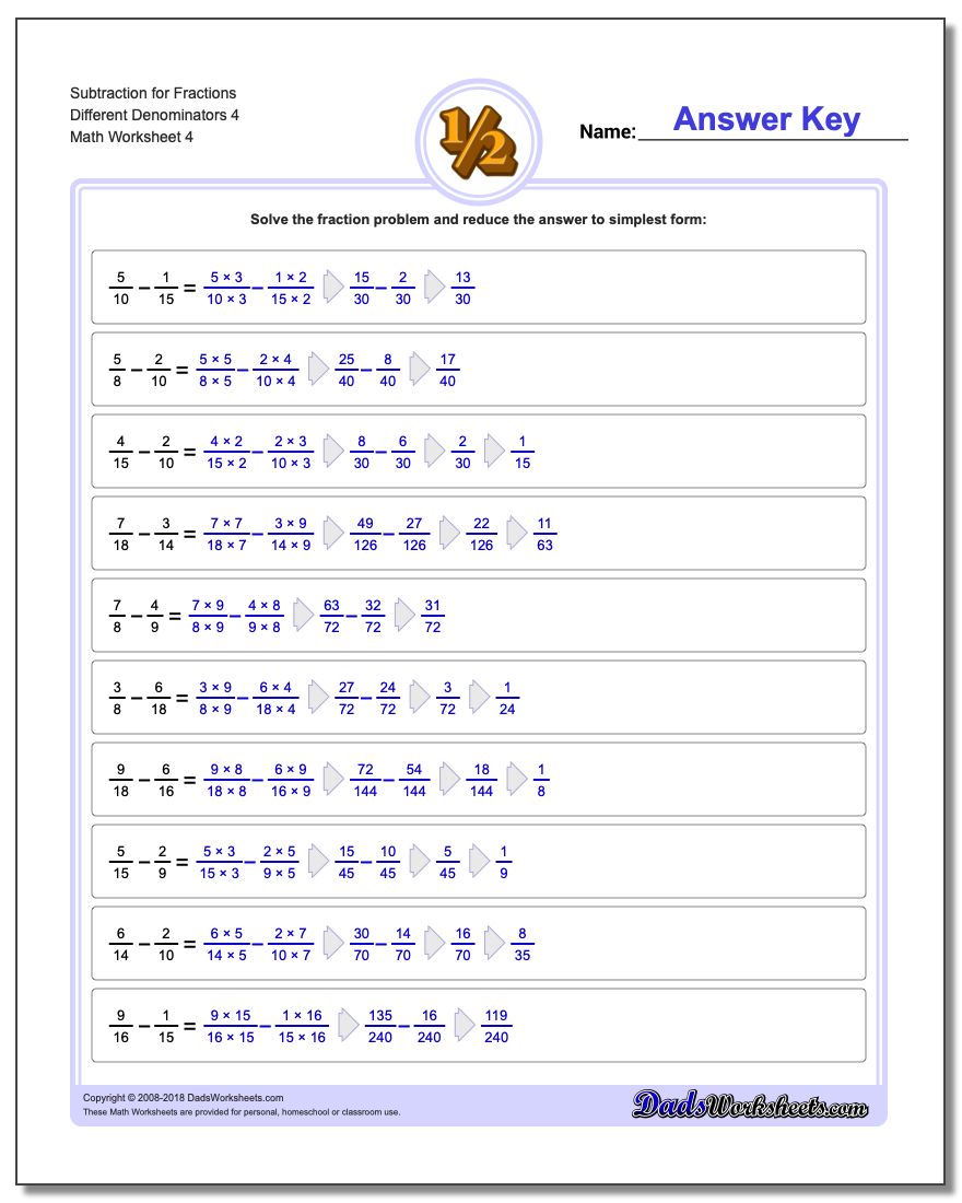 Subtraction Worksheet for Fraction Worksheets Different Denominators 4