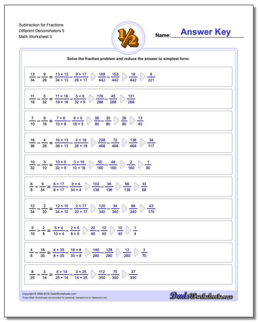 Subtraction Worksheet for Fraction Worksheets Different Denominators 5