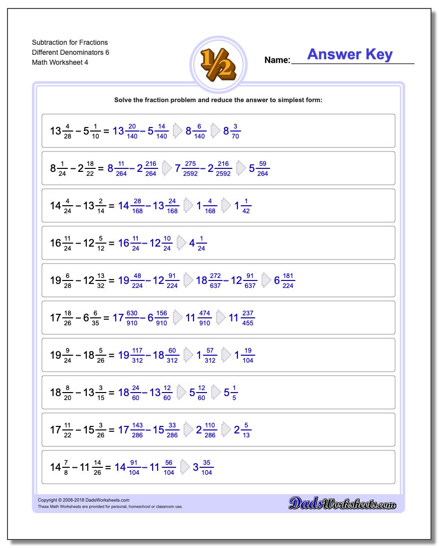 Subtraction Worksheet for Fraction Worksheets Different Denominators 6