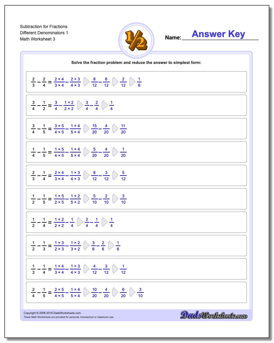 Subtraction Worksheet for Fraction Worksheets Different Denominators 1